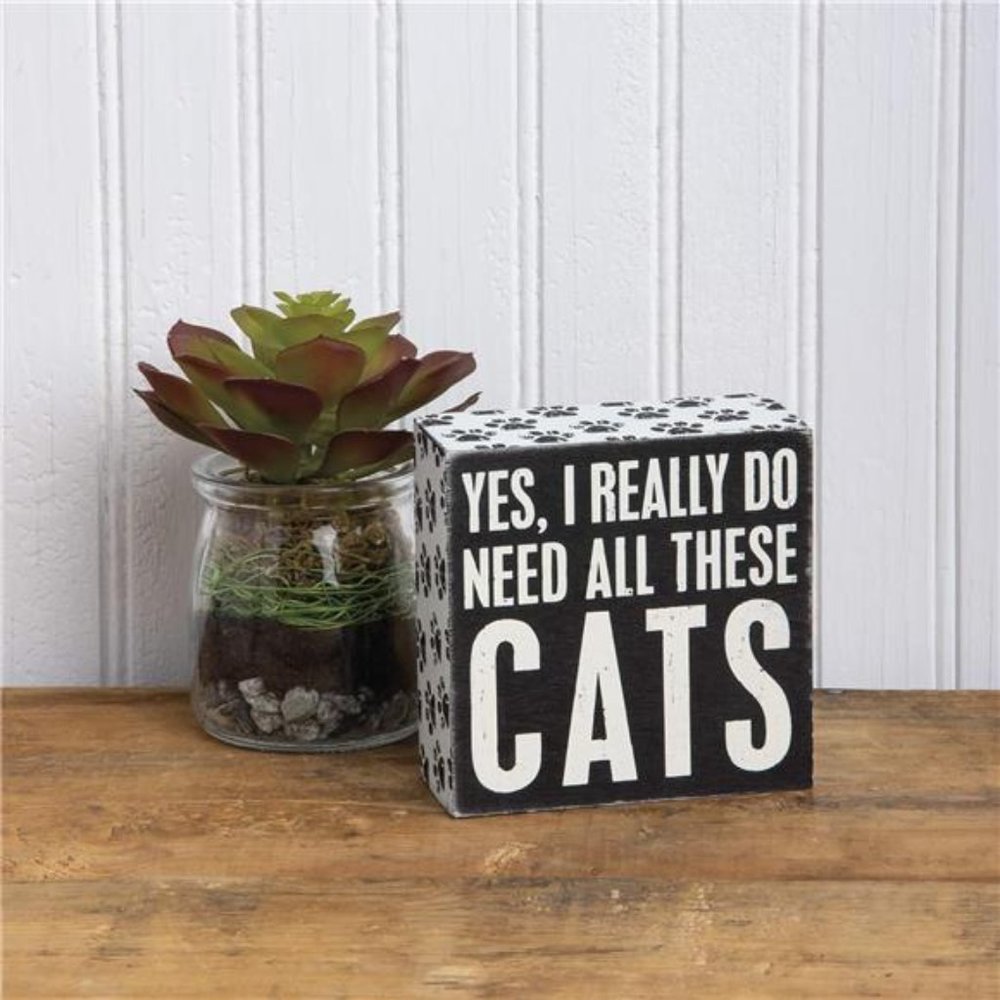 Wooden Word Box Sign, 4" Square, Yes, Cats Home Bedroom Table Decor